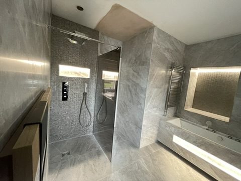Spa bathroom with bath and walk-in shower